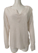 CHAPS denim ivory soft cotton/modal split-lace-neck long sleeve top XL