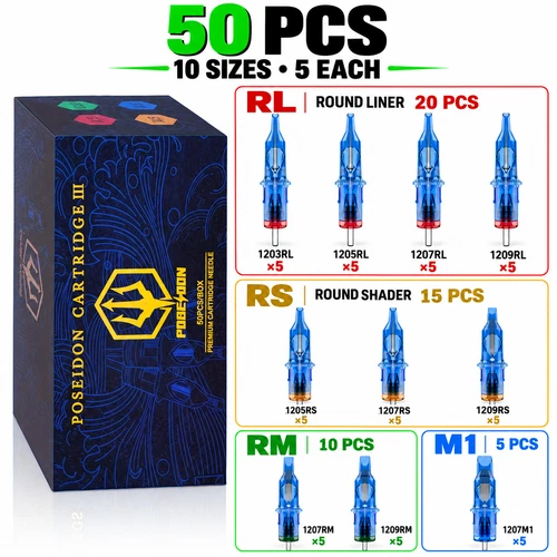 POSEIDON 50PCS Tattoo Cartridge Needles Mixed RL RS RM M1 10 Sizes Blue - product listing photo