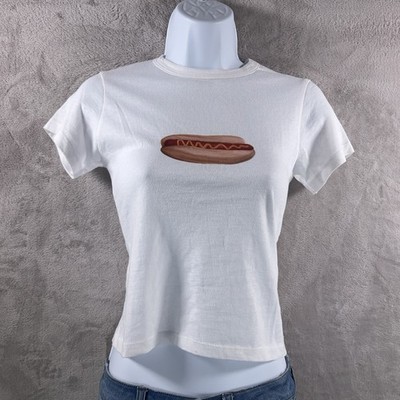 MANN Baby Tee Womens Size Small White Hot Dog Graphic Y2K Indie Trash Cute