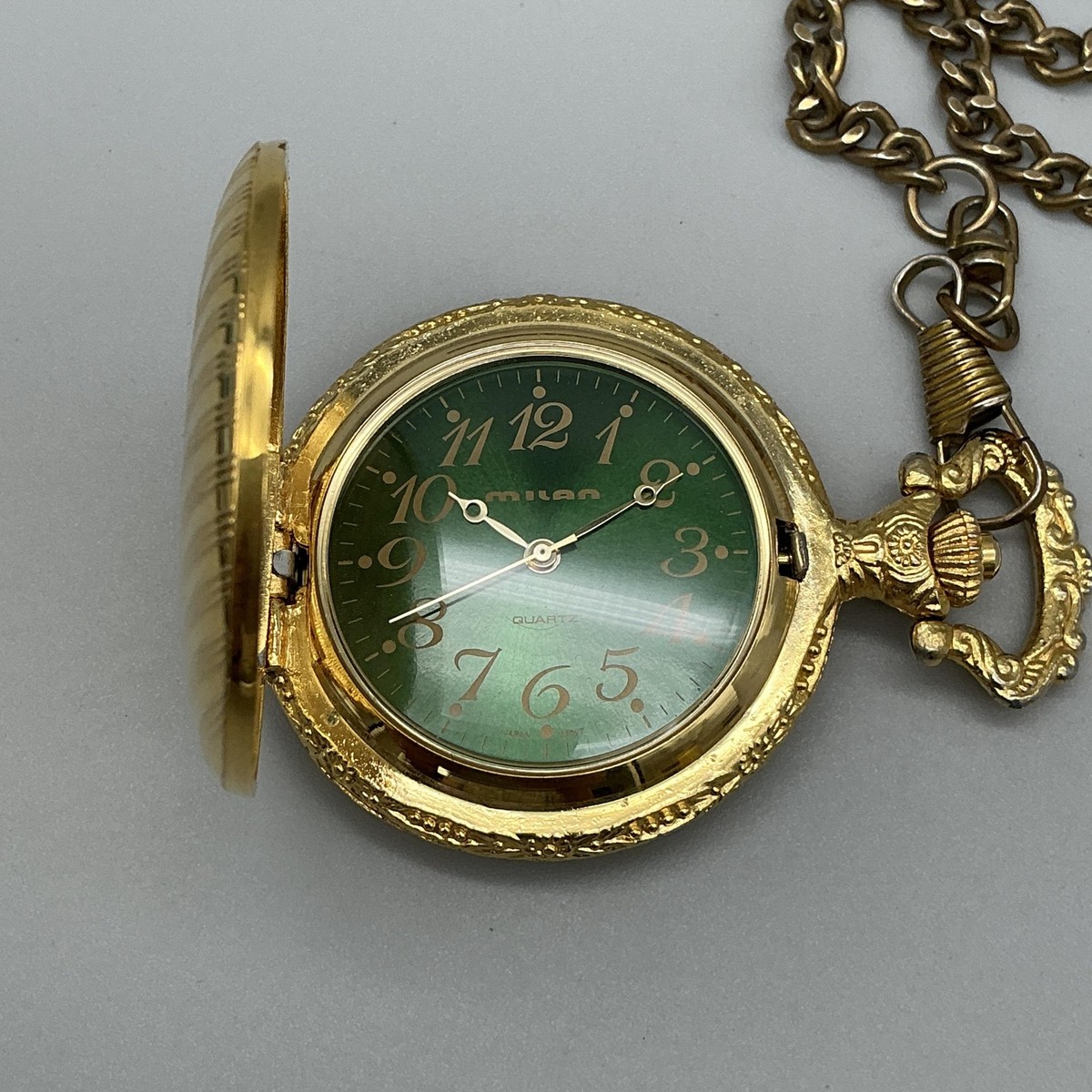 Milan Pocket Watch Men 47mm Gold Tone Full Hunter Chain Green Dial