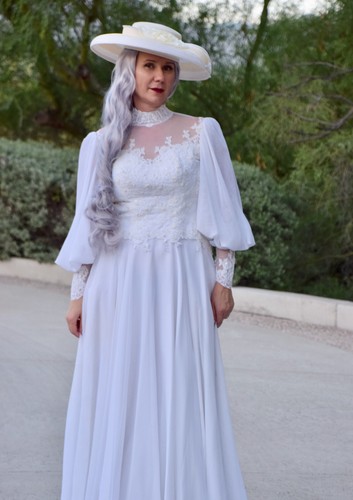 Vintage Retro 70's 80's Unbranded Wedding Dress Sz S Long Train Lace Victorian - Picture 5 of 12