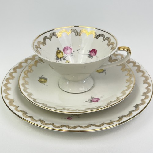 Fine Bone China Tea Cup Saucer Bread Plate Gold Pink Yellow 3 Pc Set Unmarked - Picture 6 of 15