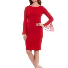 New! Calvin Klein Size 4 True RED Chiffon Bell Long Sleeve Sheath Dress