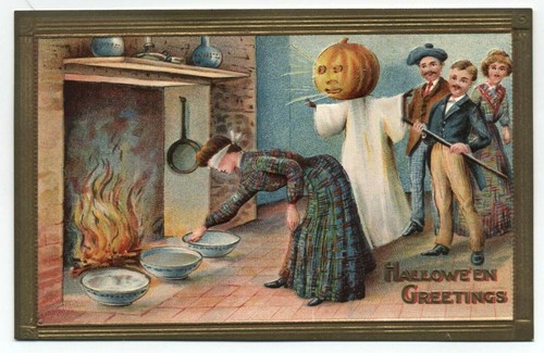 Embossed HALLOWEEN Greetings c1907 Blindfolded Lady at Hearth ~ Gottschalk Publ