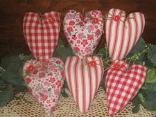 Red Country Cottage 6 Red Fabric Hearts Tree Ornaments Handmade Christmas Gift