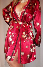 Vtg Red Floral Satin Wrap Robe M