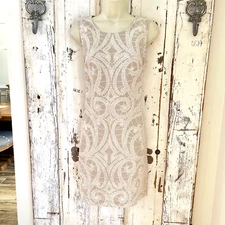 Kenar Linen Dress Size 2 Beige White Swirl Sleeveless Shift Casual Career Party