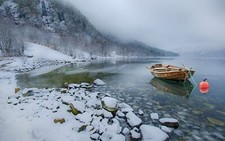Landscape nature snow lake mountains winter boat mist Custom Gaming Mat Desk
