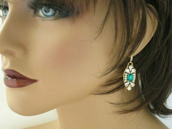 Серьги-капли из белого золота 14 карат с фианитами изумруд и грушевидная огранка 3,70 карата созданные в лаборатории - Изображение 4 из 4