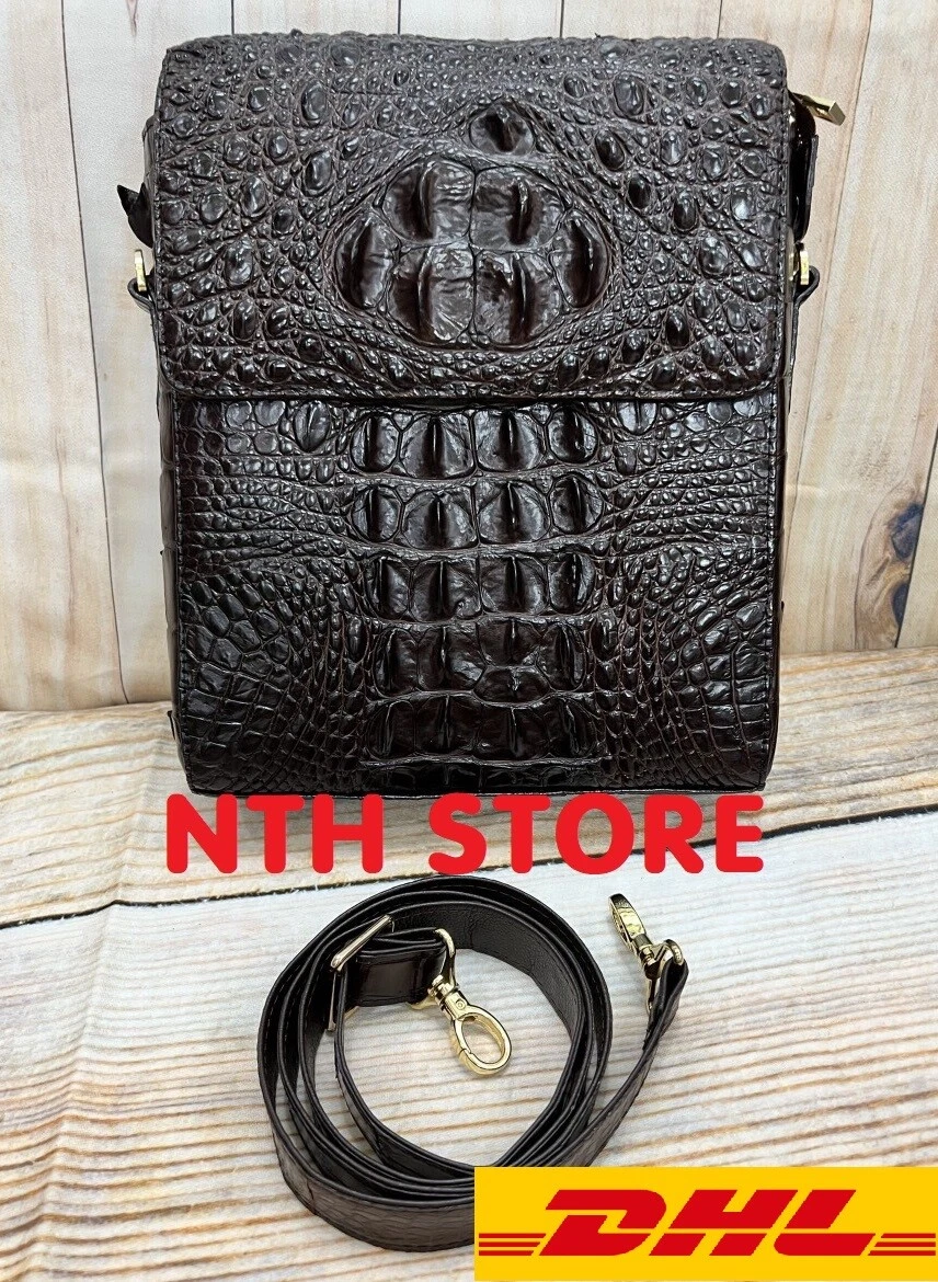 Mens BROWN GENUINE CROCODILE SKIN Leather Shoulder Bag Cross Bag Messenger Bag