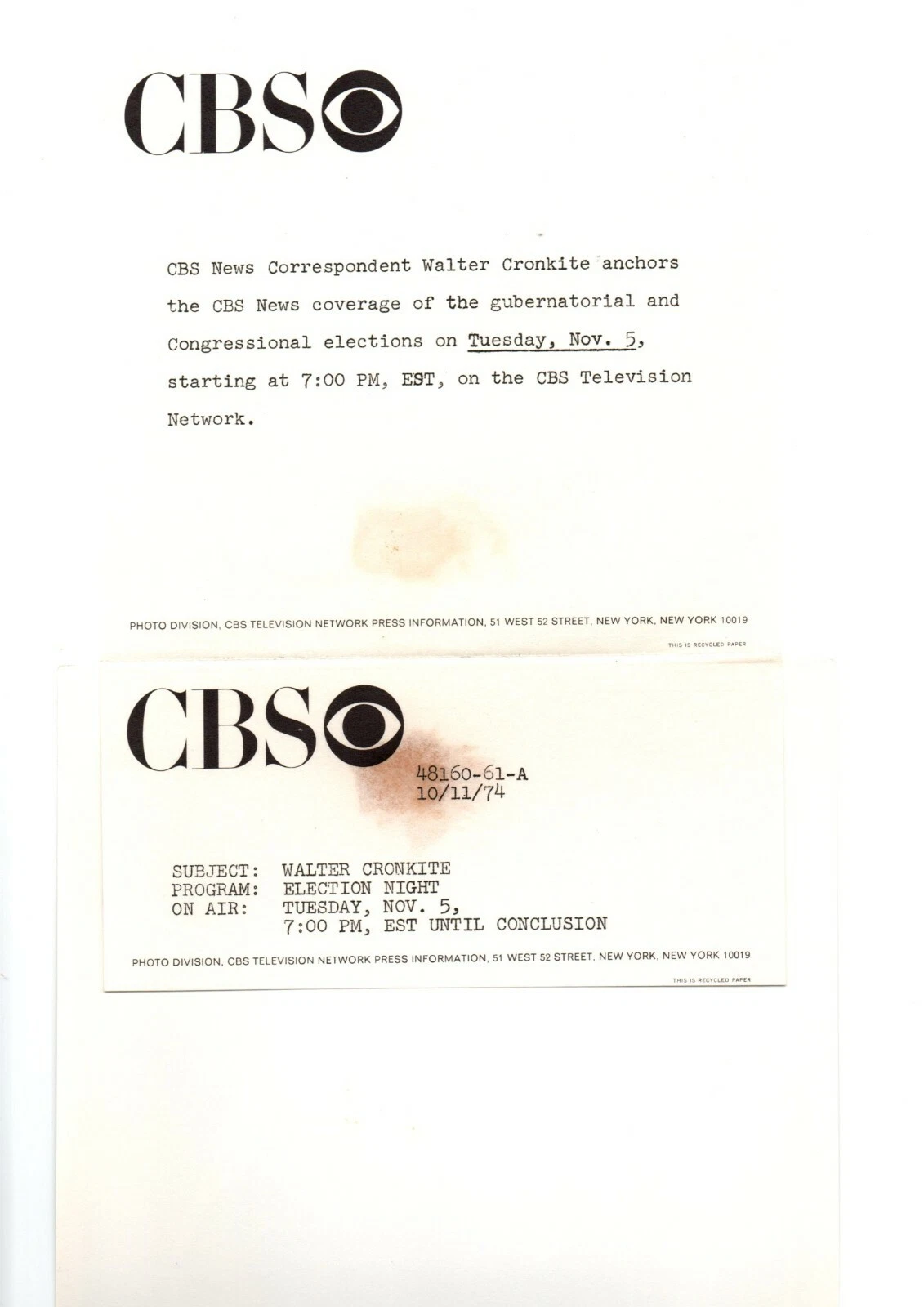SPECIAL ELECTIONS COVERAGE IMAGE HOST WALTER CRONKITE 1974 CBS TV ORIG PHOTO Y10 - 画像2/2