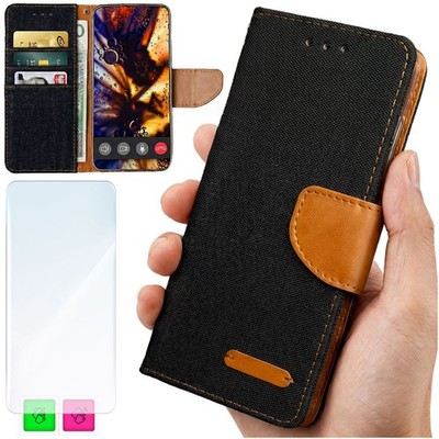 Brieftaschenhülle für Motorola Moto E7 Plus / G9 Play - Schwarze Canvas-Hülle +