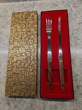 Vintage Vernco Stainless Steel Meat Fork & Knife Set Wood Handles 10" w/Box MCM