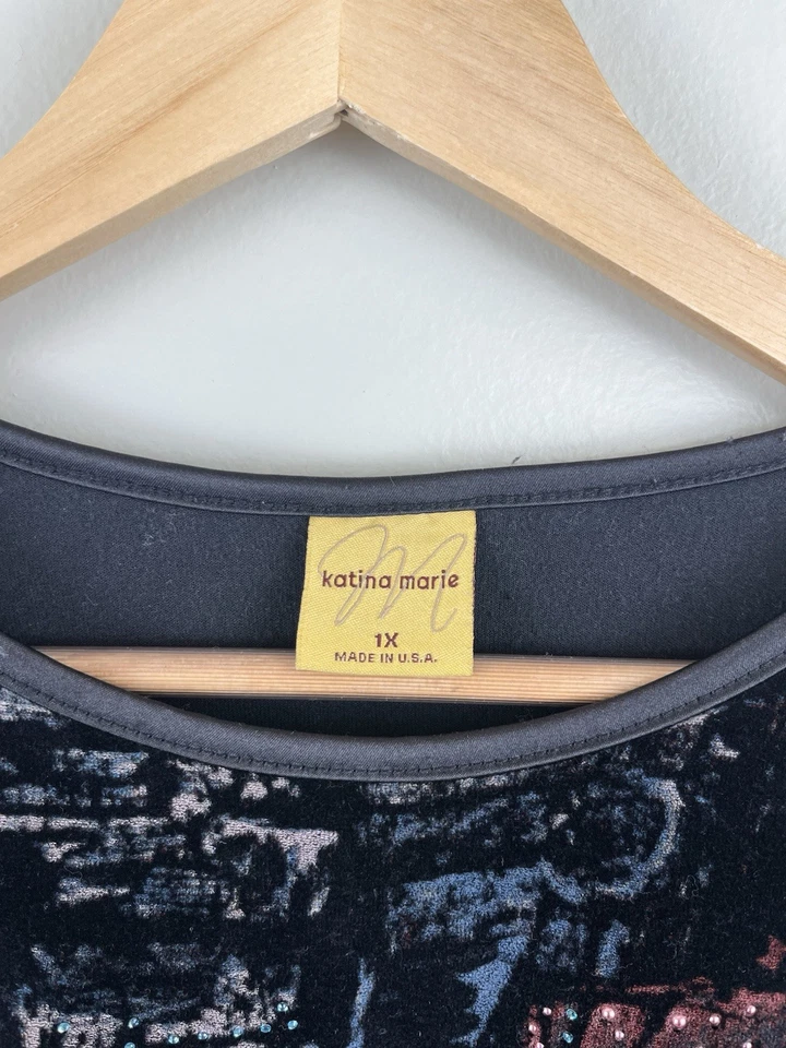 Katina Marie Women’s Vtg Black Velvet Long Sleeve Top Abstract Floral Sz XL USA - Image 2 of 4