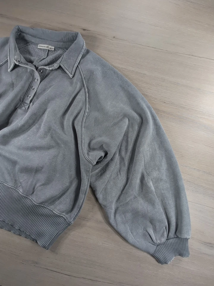 NWOT Zenana Acid Wash Fleece Collared Sweatshirt 1/4 Button Oversized Sleet Gray - Image 4 of 4