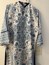 Women's Blue and White Printed Kurta Kurtas/Kurti XL Traditional Indian Tunic