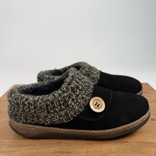 New Womens Clarks Knit Sweater Black Leather Lined Clog Slippers Size 8 M NIB
