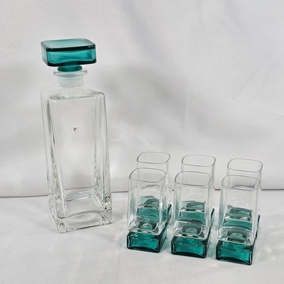 Bormioli Rocco Selecta Whiskey Decanter and 6 Shot Glasses Set Teal Blue Base