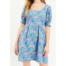 Loft Mini Dress Womens 6 Blue Floral U Neck Puff Sleeve Linen Blend Feminine
