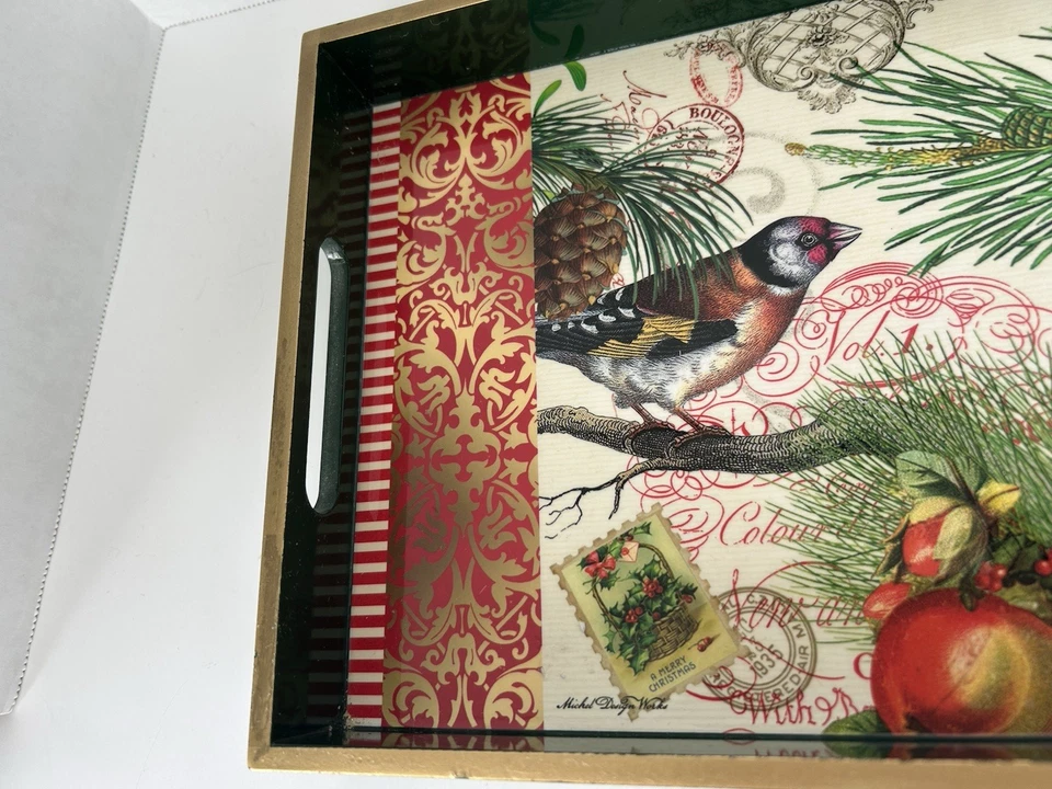 Michel Design Work Wooden Serving Vanity Tray Dark Green Birds Evergreen Holiday - Image 2 of 4