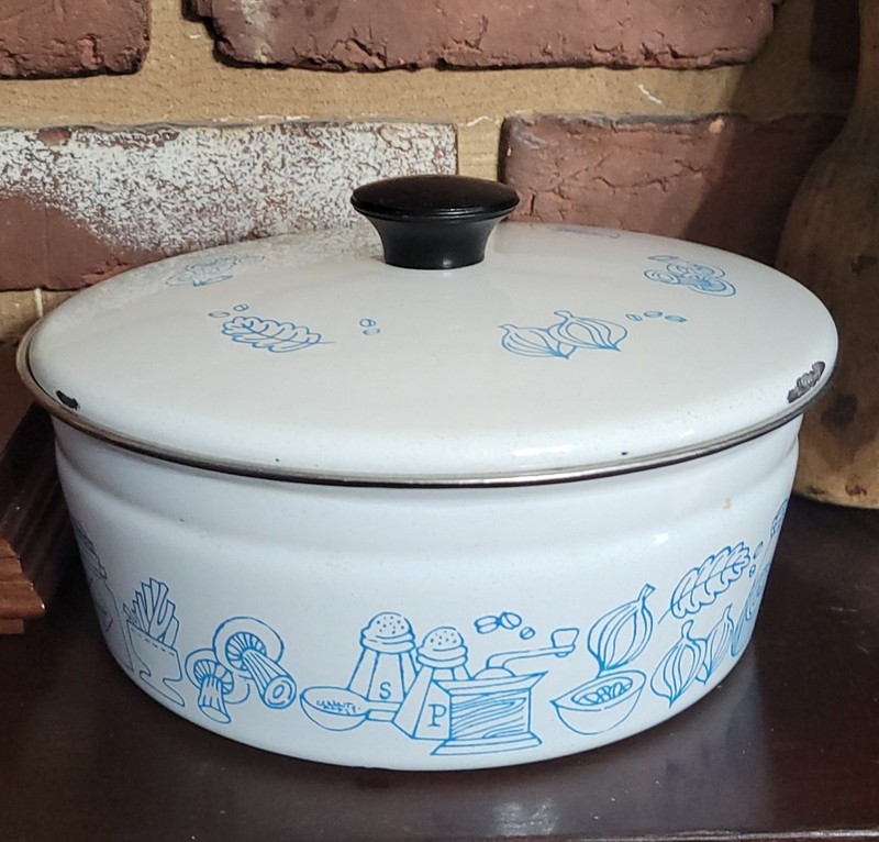 Vtg Enamelware Turquoise Mushroom, Onion & Seasoning Pattern Pan With Lid.