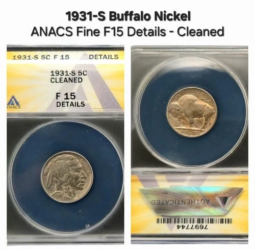 1931-S 5c Buffalo Nickel ANACS Fine F15 Details - Cleaned