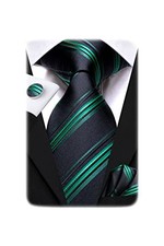 Mens Plaid Ties Classic Paisley Necktie with Handkerchief Green Black Stripe