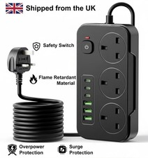 3 WAYS EXTENSION LEAD WITH USB PORTS POWER STRIP SWITCH SURGE PROTECTOR 2M UK