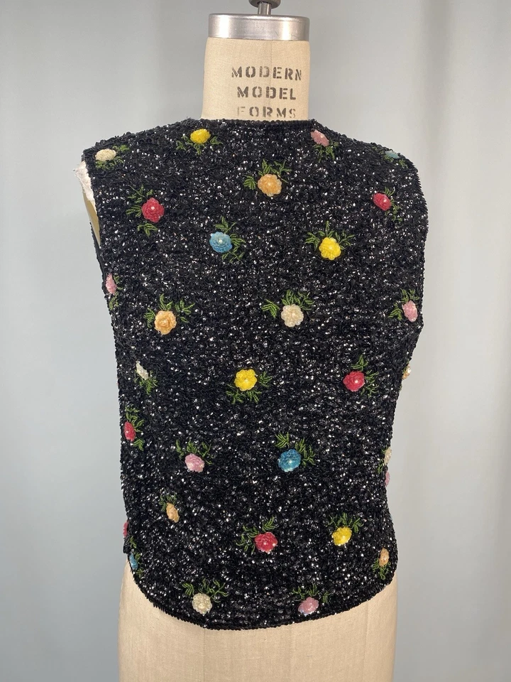 Vintage Women’s Sequined Top SIZE MEDIUM black floral HONG KONG 60s 70s - Image 3 of 4