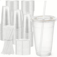 100 Pack Disposable Cups 20 Oz. with Lids & Straws, Spill-Resistant, Clear, Plas