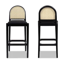 Panama 30.5" Curved Back Cane Rattan Bar Stool, Set of 2, Ebony Black Boucle