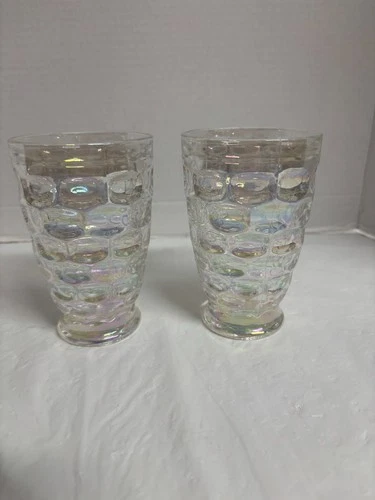 Vintage Federal Glass Colonial Iridescent Thumbprint Tumblers Set of 2