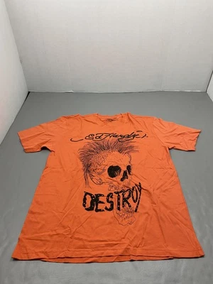 Ed Hardy Shirt Mens 2XL Orange Destroy Skull Graphic Tee Tagless V-Neck Punk - Image 1 of 4