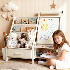 4-in-1 Art Easel for Toddlers with Bookshelf and Toy Organizer, Kids Drawing ...