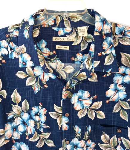 VINTAGE MEN'S BATIK BAY NAVY BLUE WITH FLORAL PRINT HAWAIIAN SHIRT BIG MEN'S 3XB - Picture 2 of 3