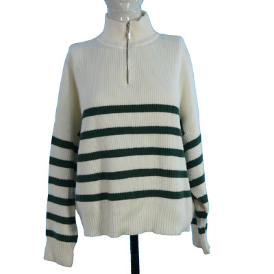 Mango Damen Pullover gestreift weiß grün Oversize Viertelreißverschluss Grobstrick S