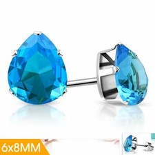 6x8mm Stainless Steel Prong Set Teardrop Stud Earrings with Sky Blue CZ pair