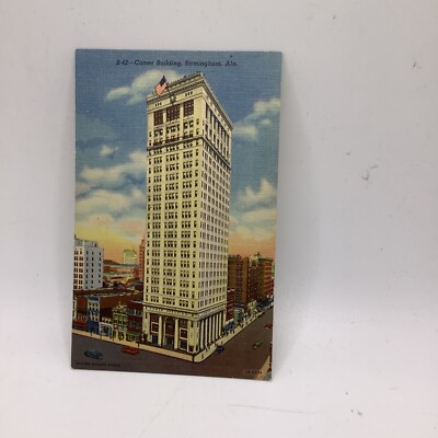 Postcard AL Birmingham Comer Building City Federal Automobiles Skyline Flag