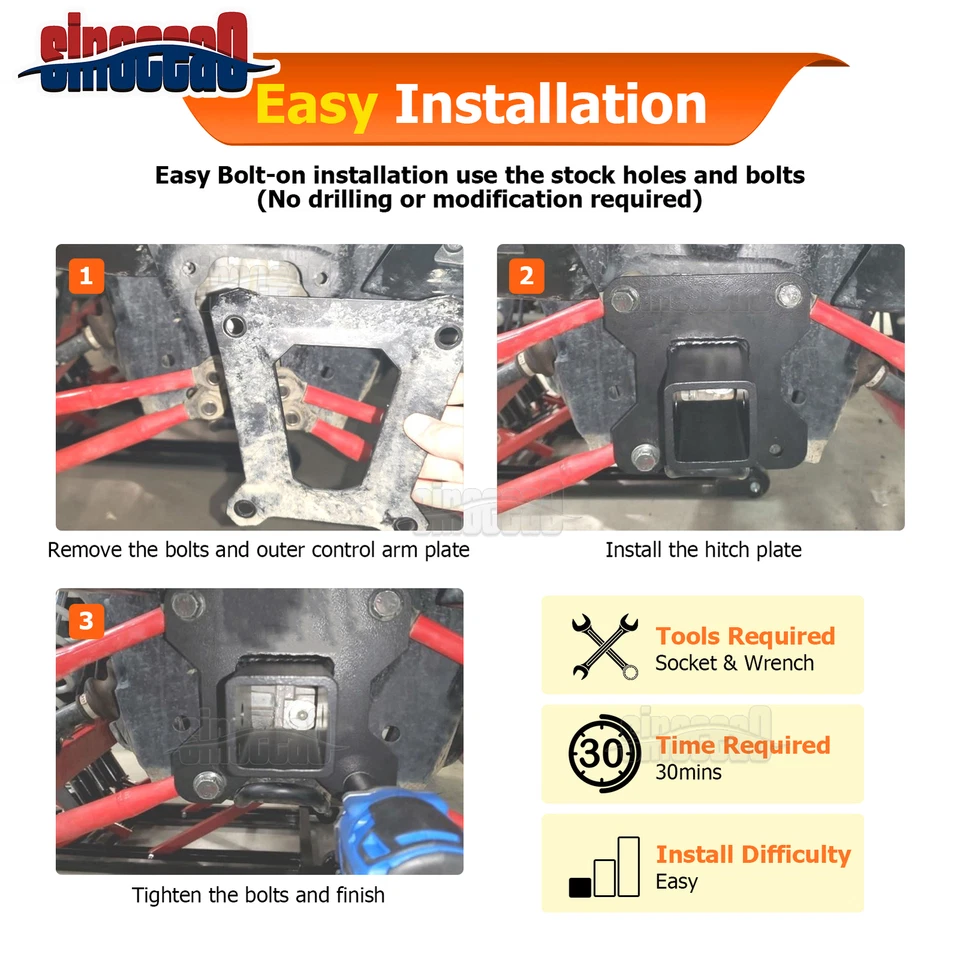 For 2014-2025 4WD Polaris RZR XP 1000 2" Hitch Receiver + Rear Hitch Mount - Imagem 3 de 4