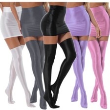 Women Glossy Mini Skirt High Waist Bodycon Pencil Skirt with Over Knee Stockings
