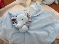 Carters Elephant Lovey Plush Blue Baby Security Blanket Rattle Stripes Satin 15  