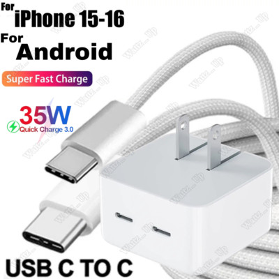 For iPhone 16 15 Pro Samsung Dual USB-C Fast Charger 35W Power Block Type C Cord