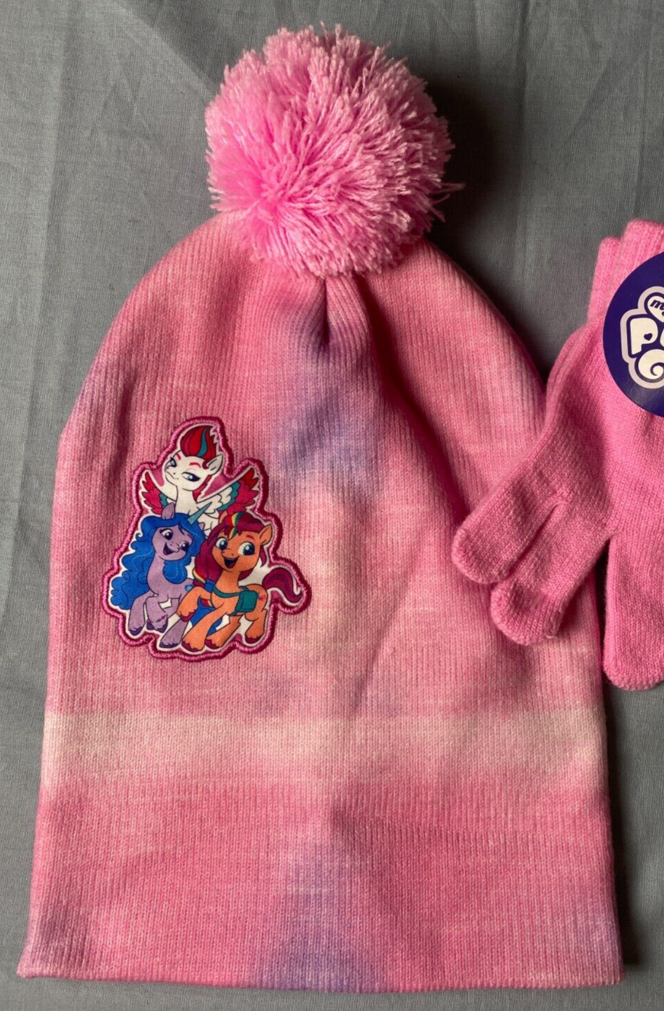 Set guanti e cappello My Little Pony bambina pom decalcomania rosa tie dye NUOVO