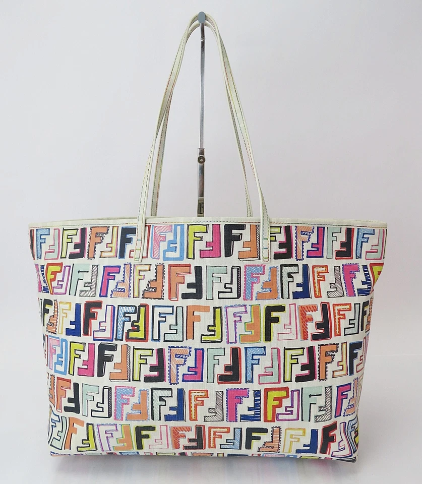 Authentic FENDI White and Multicoors PVC Canvas Tote Bag Purse #60238 - Image 3 of 4