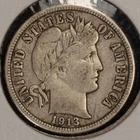 1913 10c Barber Silver Dime - VF/XF - Luster - Value Coin - SKU-T3944