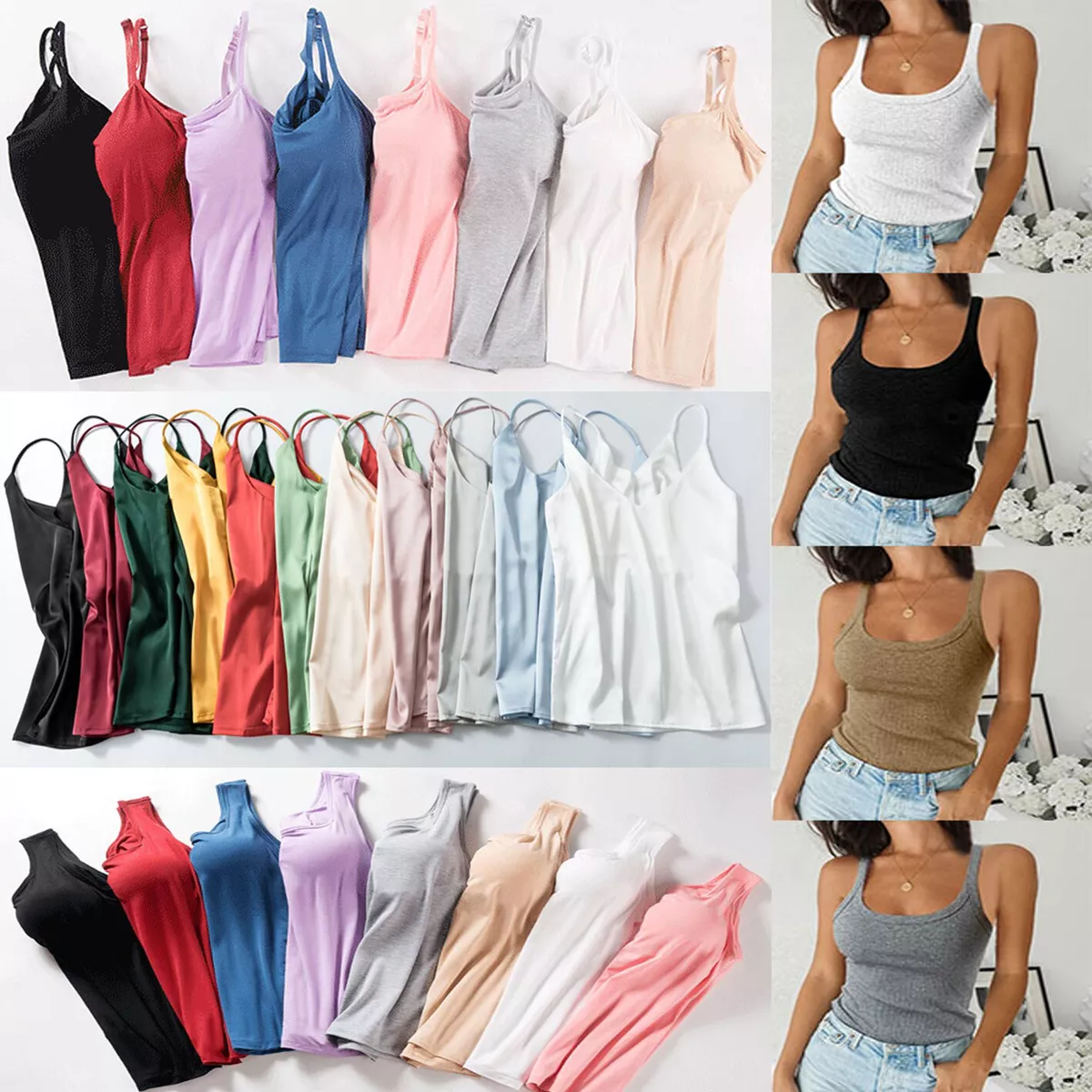 Women Camisole with Built in Shelf Bra Adjustable Spaghetti Strap Vest Tops UK