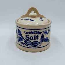 Stoneware Blue Onion Wall Salt Cellar Pig Crock Lid Cobalt Hang Taiwan