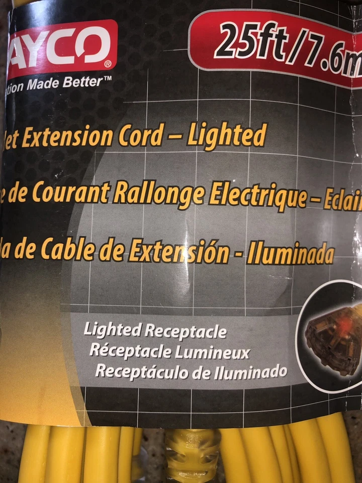 NEW Bayco® SL-746L - Yellow Extension Cord, 3 Outlets & Lighted End (25', 12AWG) - Image 2 of 4