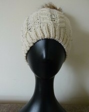 Women s Cream Faux Fur Pom Pom Knit Beanie Hat One Size