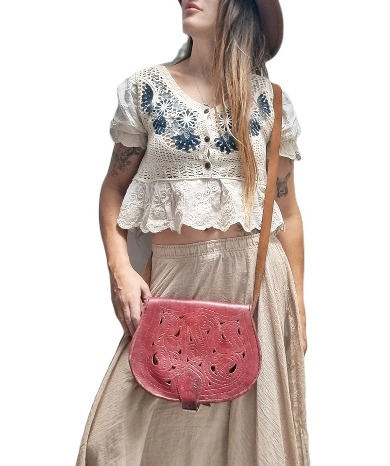 Burgundy Red Tooled Leather Saddle Bag Moroccan Vintage Boho Hippie festival - Image 3 of 4